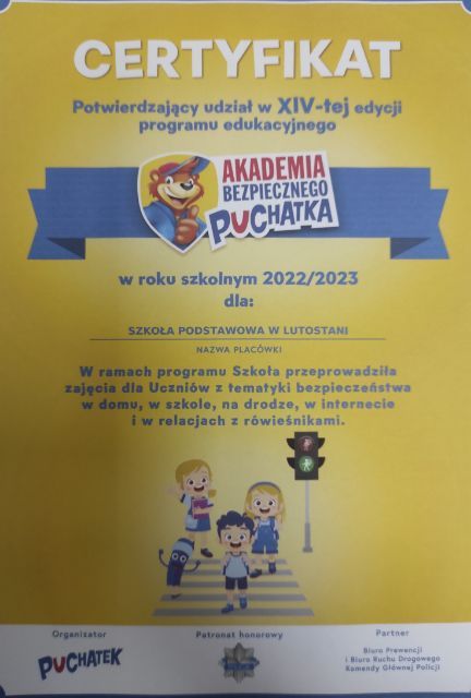Akademia Bezpiecznego Puchatka - ogólnopolski program edukacyjny przeprowadzony w klasie pierwszej.